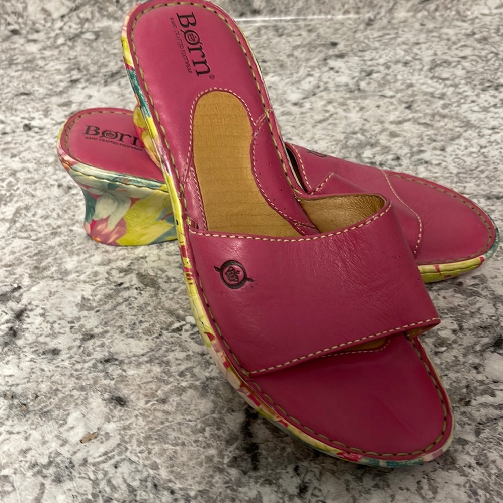 Born Handcrafted footwear. Slip on wedges. Pink leather size 8.